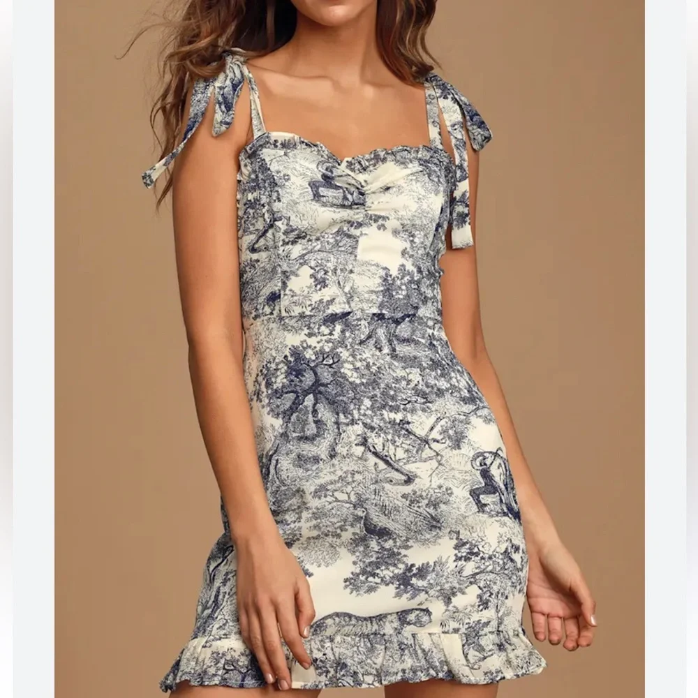 Lulus size xs Breeze the Day Blue and White Print Tie-Strap Mini Dress - Picture 3 of 9